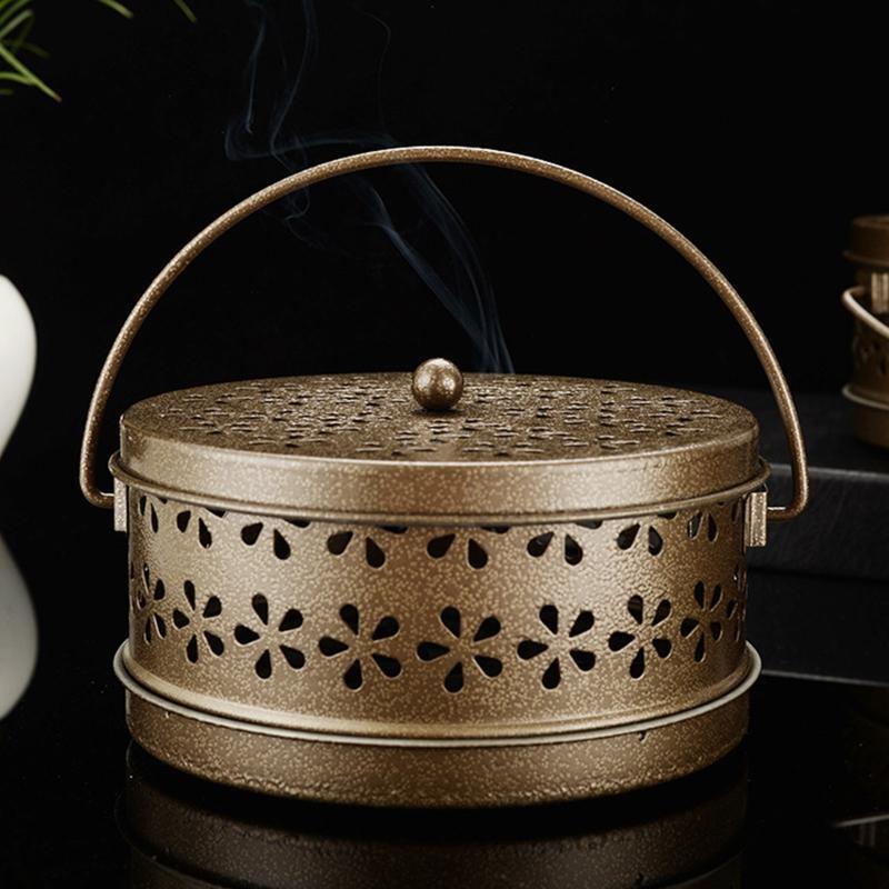 Round Iron Mosquito Incense Burner with Handle for Home (Yellow Bronze)