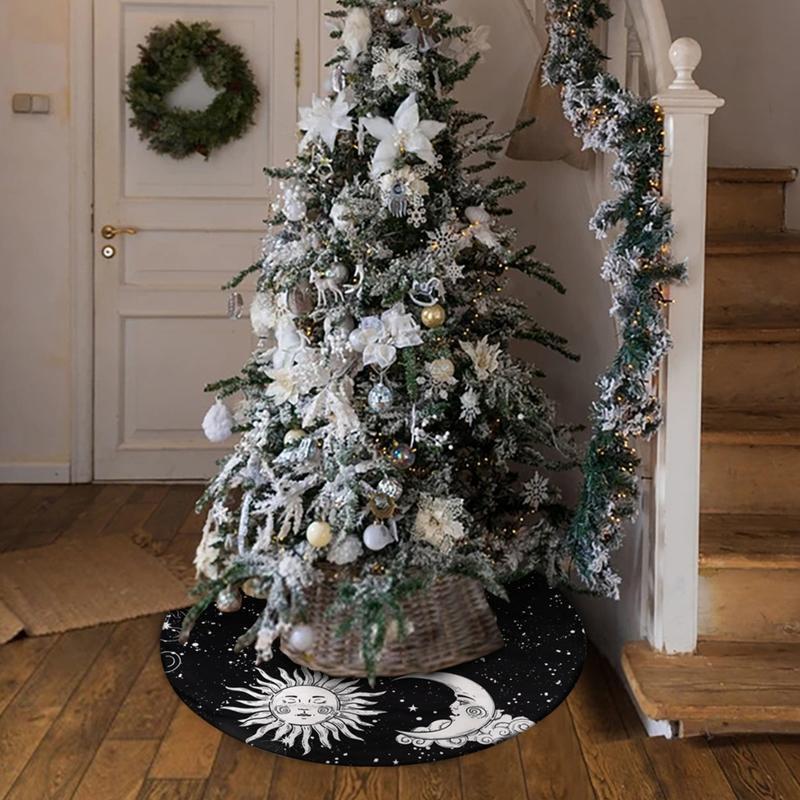 Sun Moon Christmas Tree Skirt Black White Floor Mat Carpet Ornament