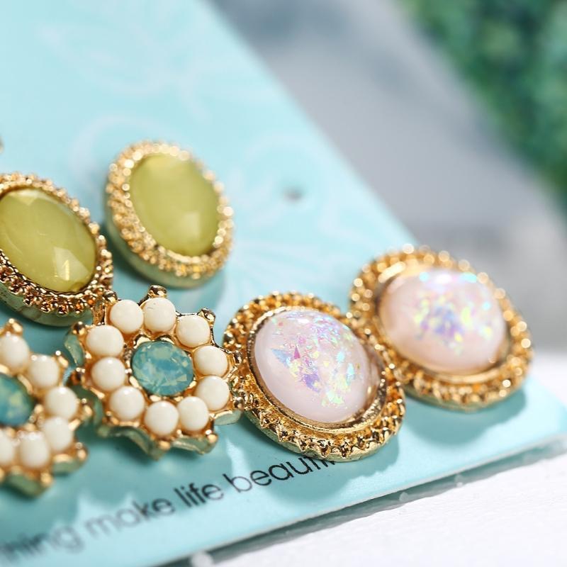 Bohemia Assorted Flower Opals CZ Stone Stud Earrings Set Women Statement Jewelry