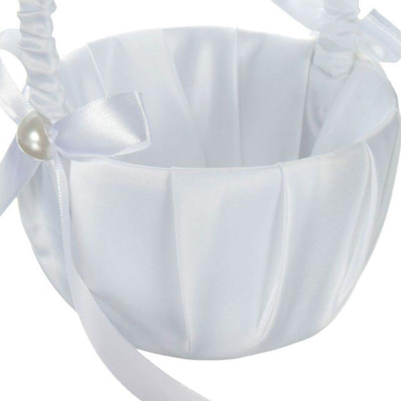 White Flower Girl Basket Bowknot Satin Cloth Baskets for Wedding Ceremony Party