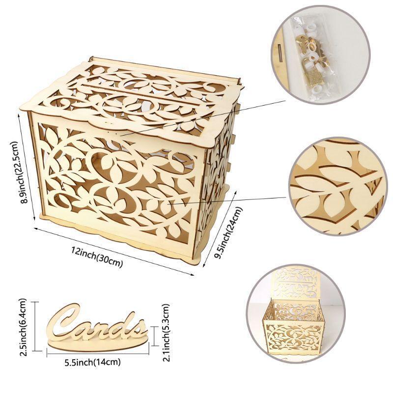 DIY Wedding Gift Leaf Wooden Card Money Box Case With Lock Rustic Beautiful