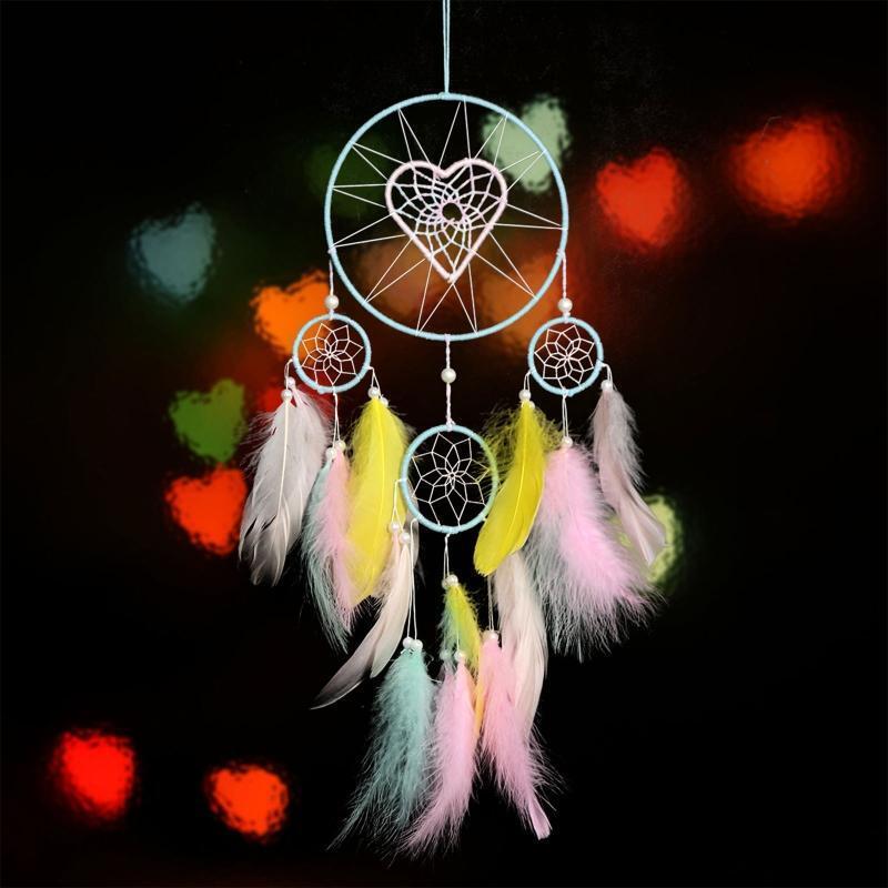 Woven Heart 5 Rings Dream Catcher with Colorful Feather Wall Hanging Ornament