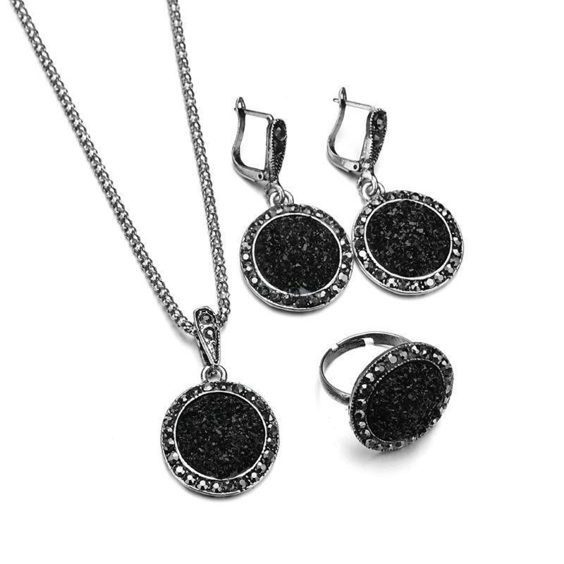 1 Set Black Round Rhinestone Necklace Earrings Ring Wedding Jewelry Sets Women