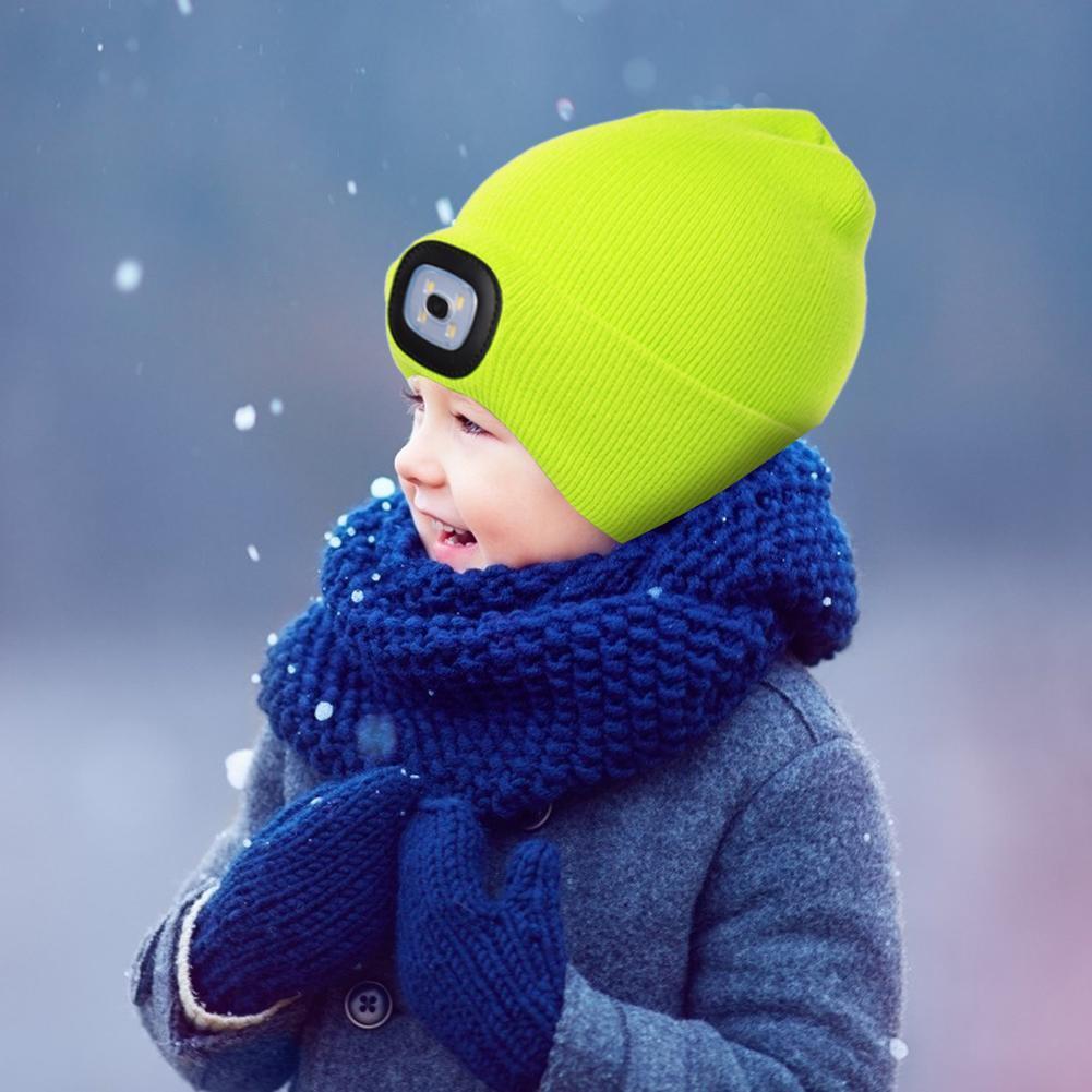 Winter Kids Knitted Beanie Hat with LED Light Fishing Cycling Cap (Green)
