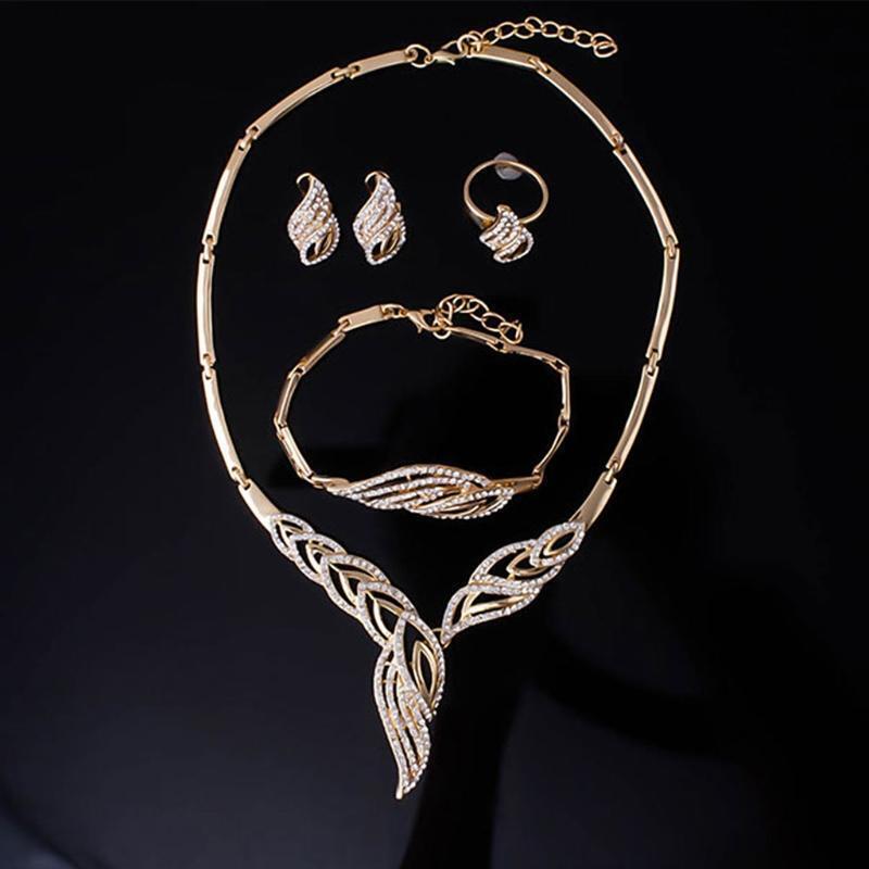 Women Jewelry Set Rhinestone Decor Necklace Ring Bracelet Earrings Party Dress