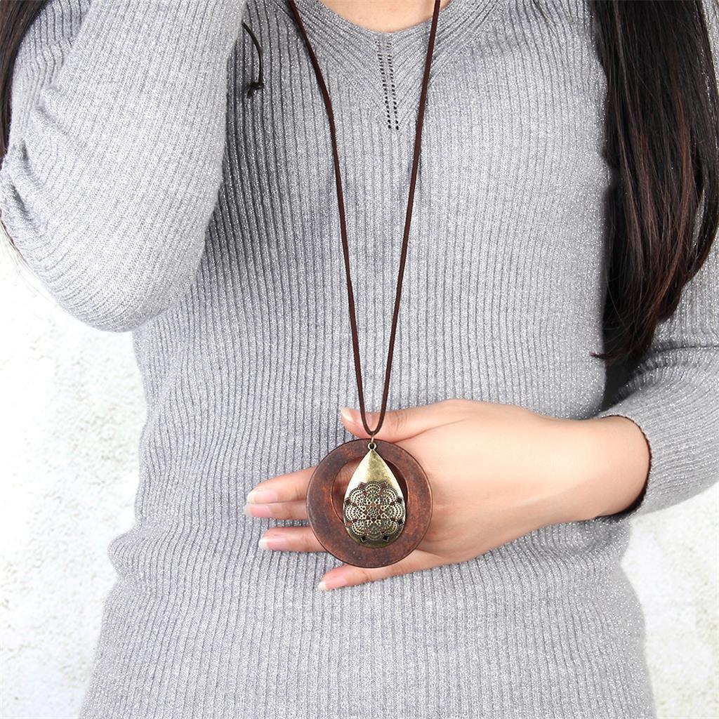 Round Wooden Pendant Long Sweater Chain Necklace Jewelry Gifts