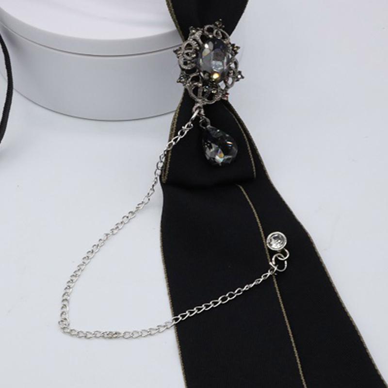 Gothic Black Necktie Rhinestone Pendant Metal Chain Evening Party Pretied Bowtie