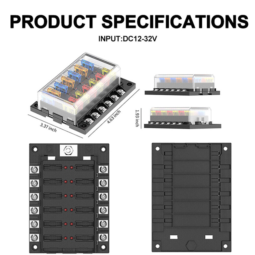32V DC 12-Way Fuse Box Dual-Use Cover Blade Fuse Block Holder for Car Boat
