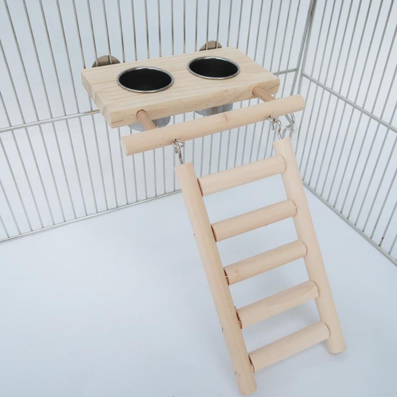 Parrot Feeding Bowls 2Pcs Stainless Steel Cups with Wood Platform and Ladder