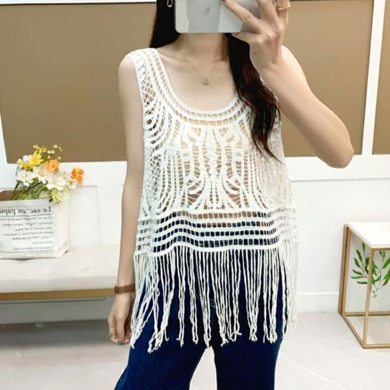 Women Hollow Crochet Lace Boho Sleeveless Vest Sheer Long Tassel Tank Top Blouse