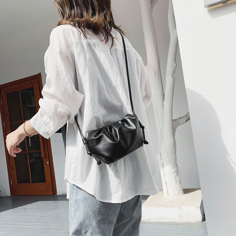 Women Cloud Shoulder Bag Leather Day Clutch Solid Crossbody Handbag (Black)