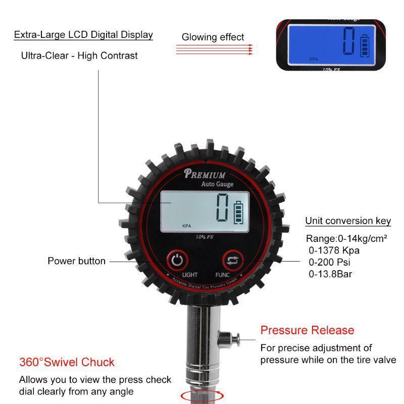 LCD Display Digital Tire Air Pressure Gauge 200 PSI High Accuracy Barometers for