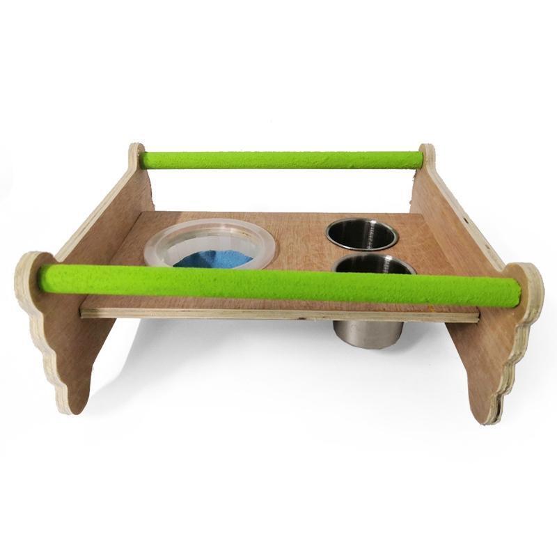 Bird Perch Table Stand Wood Playground with Feeding Cups for Parakeet Cockatiel