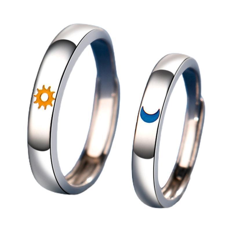 2 Pcs Sun and Moon Couple Rings Copper Polish Lovers Adjustable Ring for Her