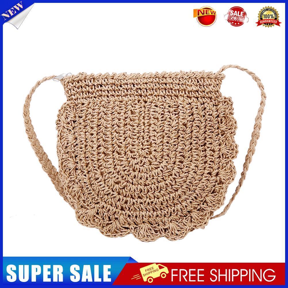 Women Vacation Straw Rope Woven Small Purse Messenger Bags (Light Brown)