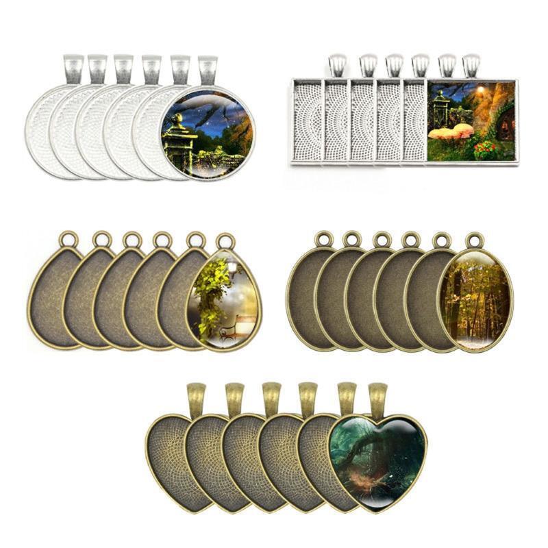 60Pcs Photo Bezel Pendant Tray 5 Shapes Glass Cabochon Settings Jewelry Making