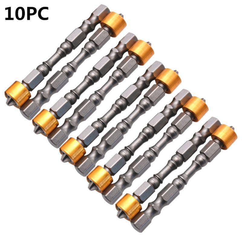 10 Pcs Strong Magnetic PH2 Screwdriver Bit Set 65mm Yellow Aluminum Ring Bits
