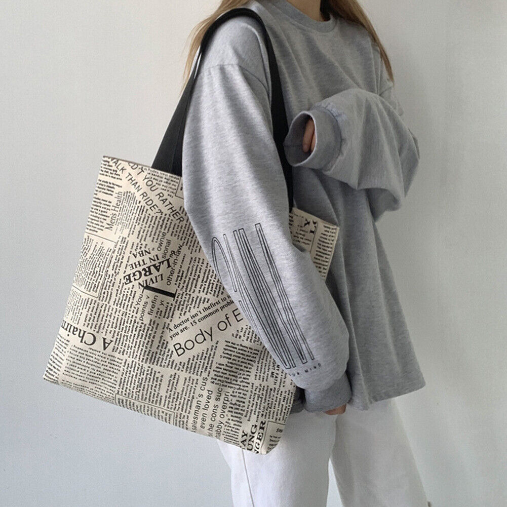 Women Canvas Newspaper Print Shoulder Shopping Bags Large Tote Handbags