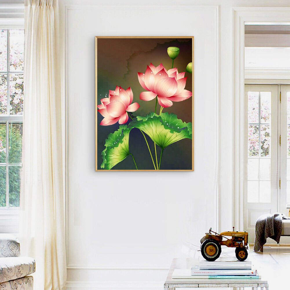 Diamond 5D Drill Pink Lotus DIY Painting Full Picture Round Kit Ornaments