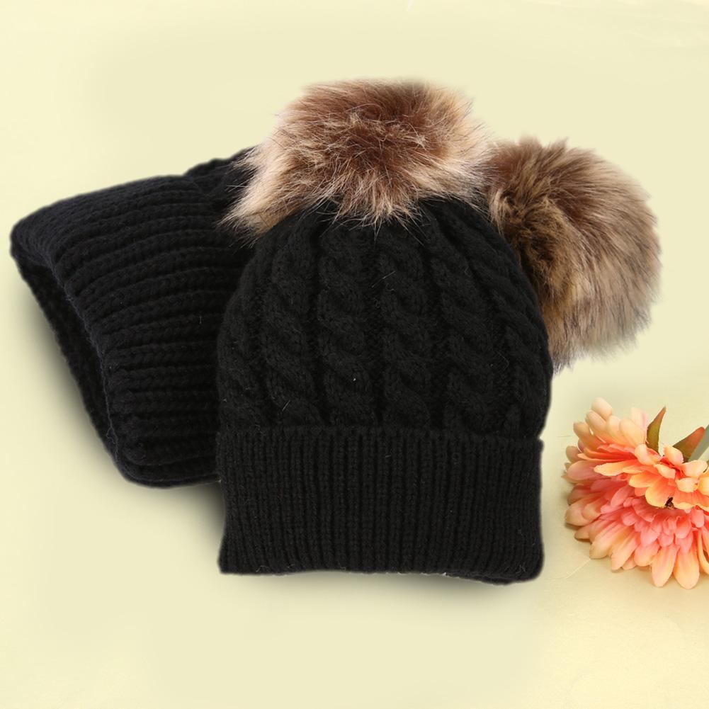 Mom Baby Kid Warm Raccoon Fur Bobble Beanie Cotton Knitted Parent-Child Hat