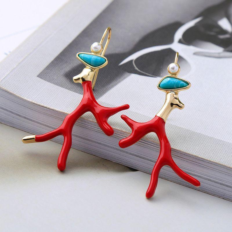 Fashion Coral Antlers Dangle Earrings Red Enamel Drop Earrings Gifts for Girls