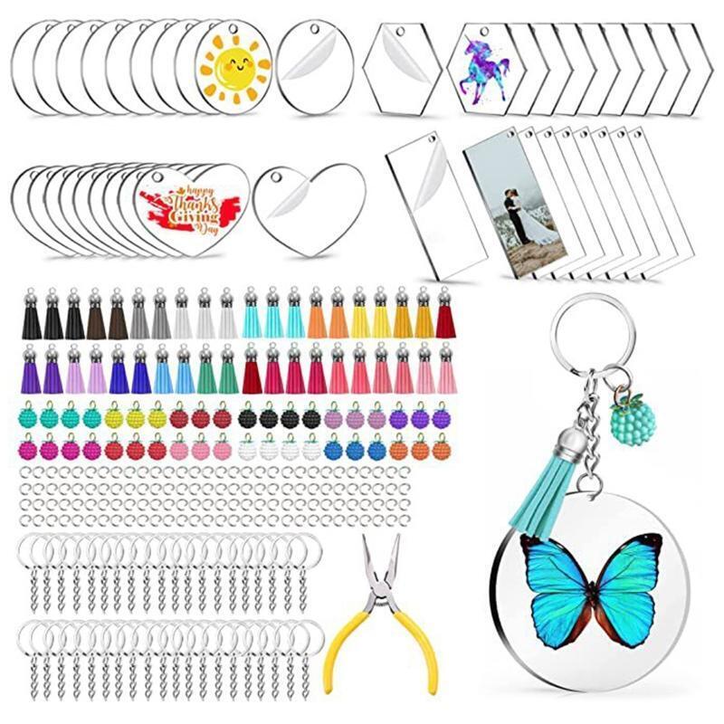 40 Acrylic Blanks 40 Leather Tassels 40 Key Rings with Chain 120 Open Small Ring