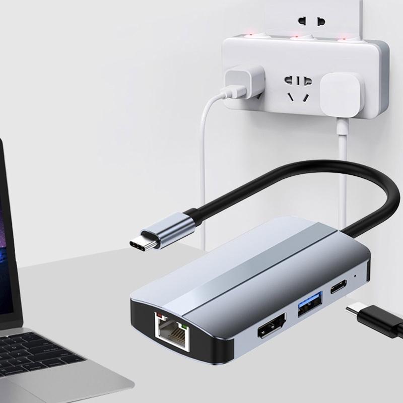 Type C Hub 6 in 1 HDMI-Compatible USB3.0 Splitter 5Gbps PD Rj45 Lan HUB Docking