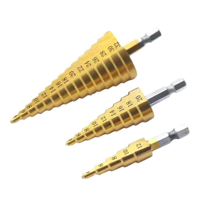 3Pcs Titanium Coated Step Drill Bit Set HSS Cone Drill Bit with 1/4" Hex  Shank
