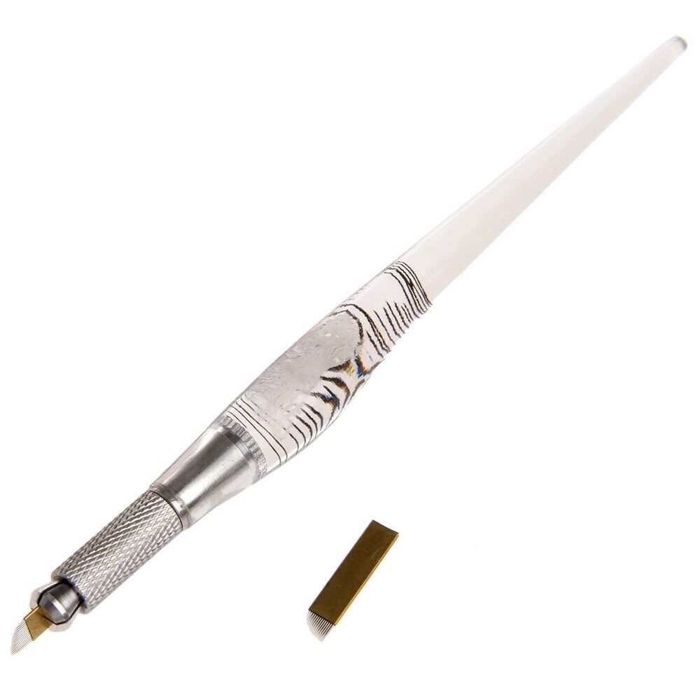 2 in 1 Set 5.79in Manual Eyebrow Tattoo Pen & 5Pcs 14pin Needles Bevel Blades