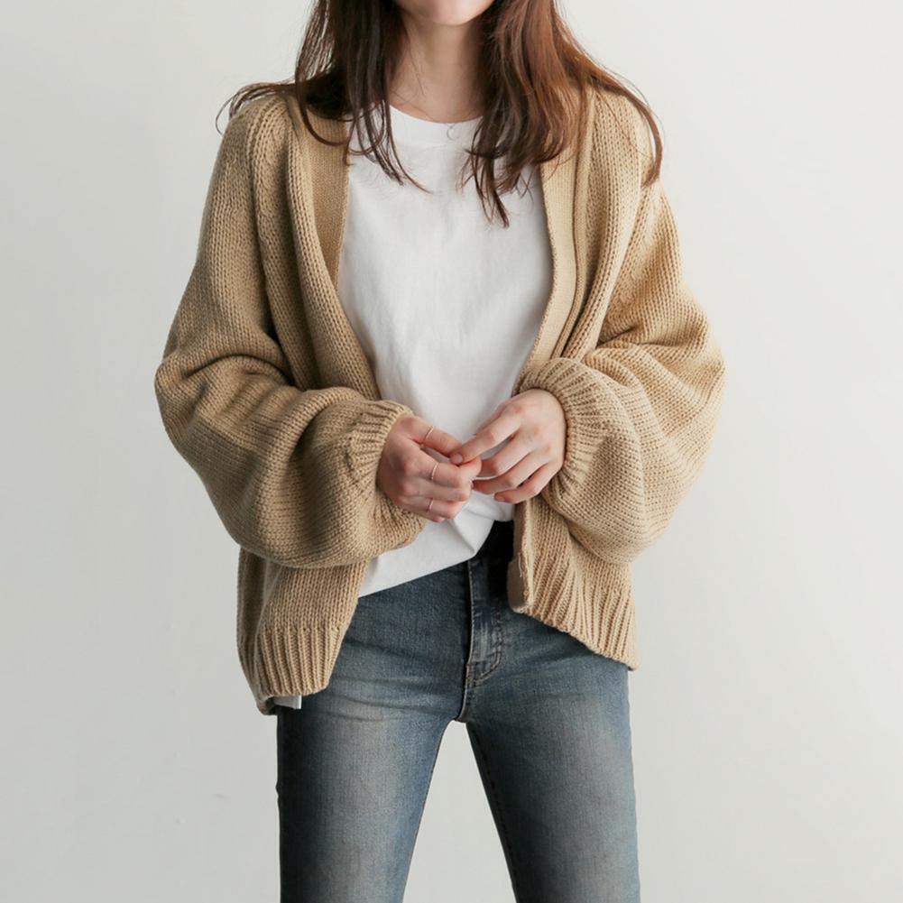 Women Short Style Long-Sleeves Coat Knitted Solid Color Cardigan (Khaki)