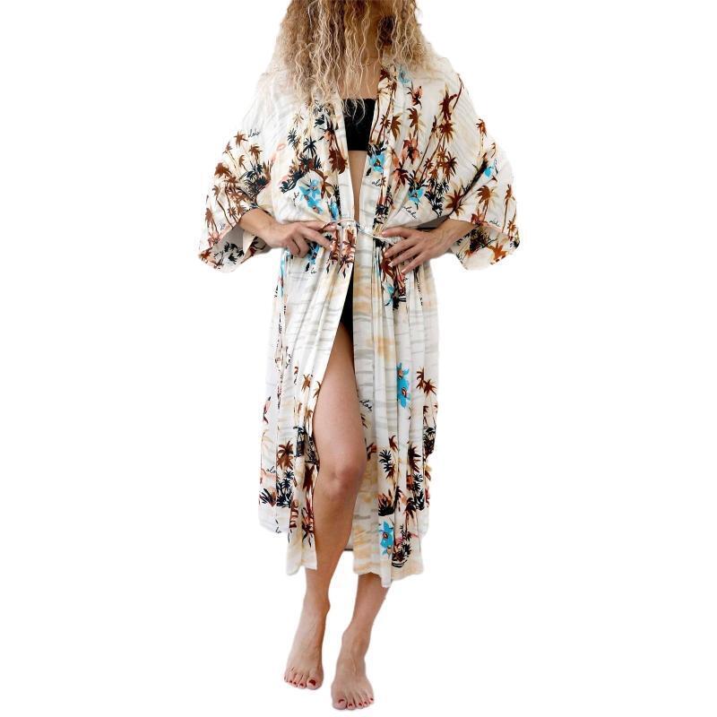Womens Girls Beach Blouses Leaves Printed Kimono Cardigan Long Bikini Cover Up