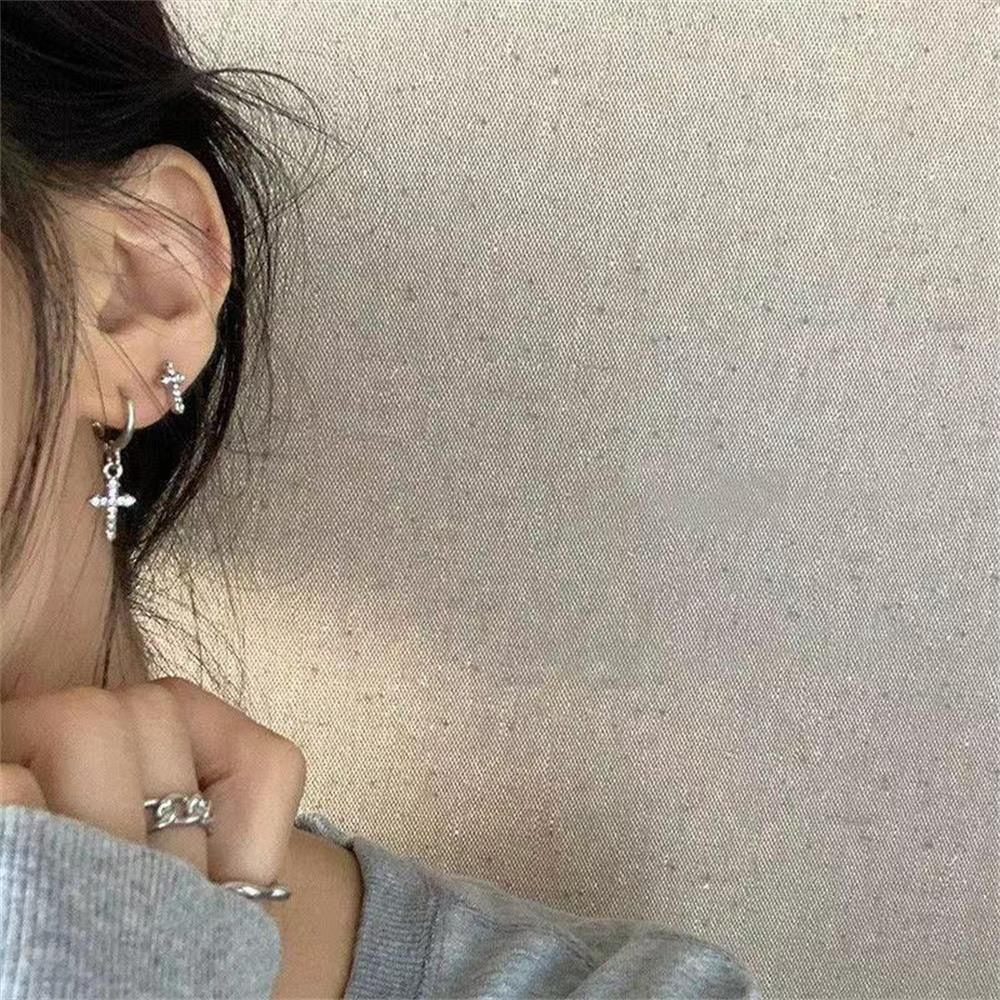 Shinning Sparkle Earrings Asymmetry Stud Cross Earrings Zircon Crystal Earrings