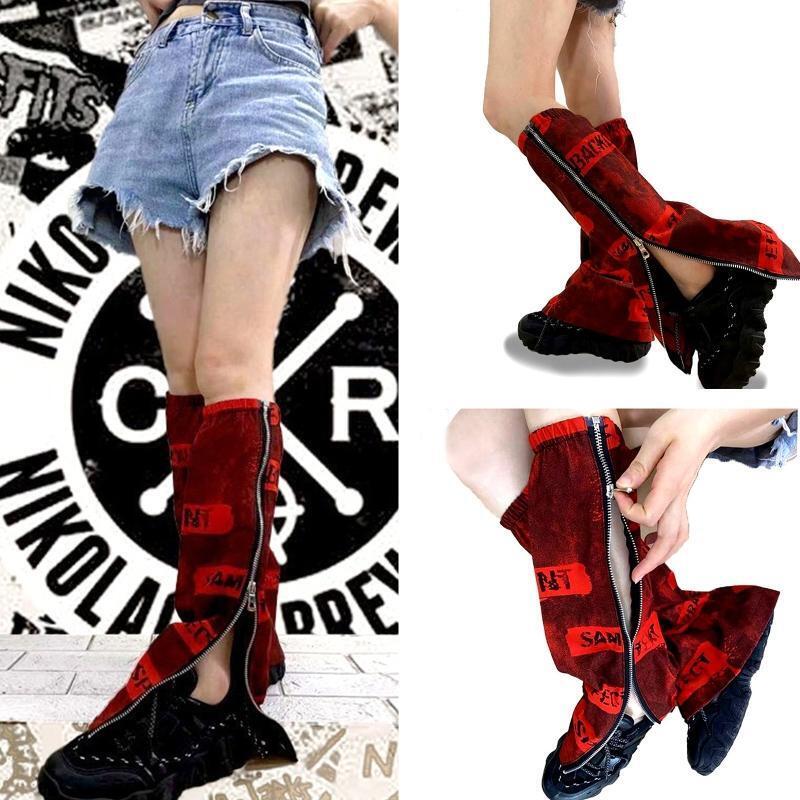 Harajuku Women Red Flared Leg Warmers Punk Letters Side Zipper Foot Cover Socks