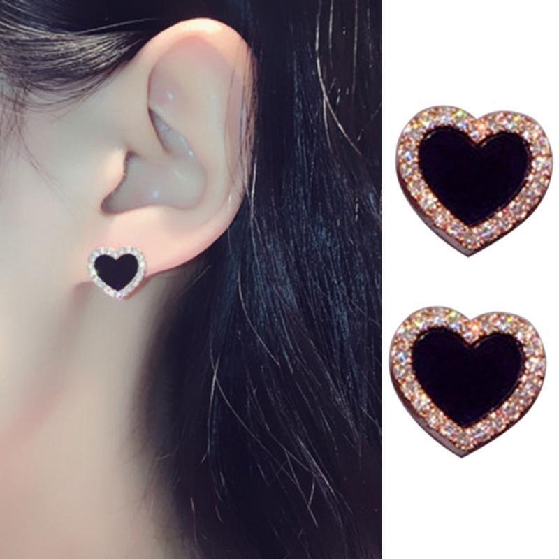 Rhinestone Heart Stud Earrings Pierced Ear Jewelry Wedding Holiday New Year Gift