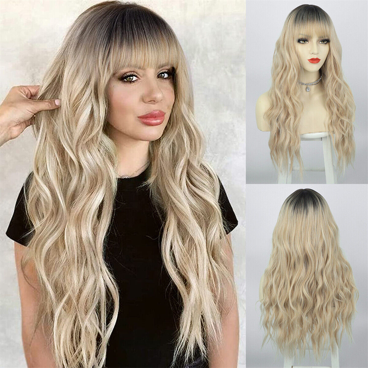 Long Curly Wavy Gradient Synthetic Heat Resistant Hair Wigs with Bangs for Women