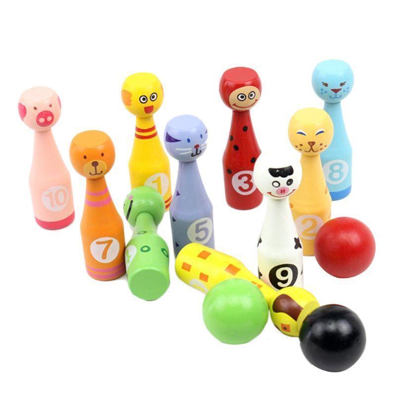 13pcs/set Wooden Bowling Set 10 Pins 3 Ball Animal Bowling Game for Children