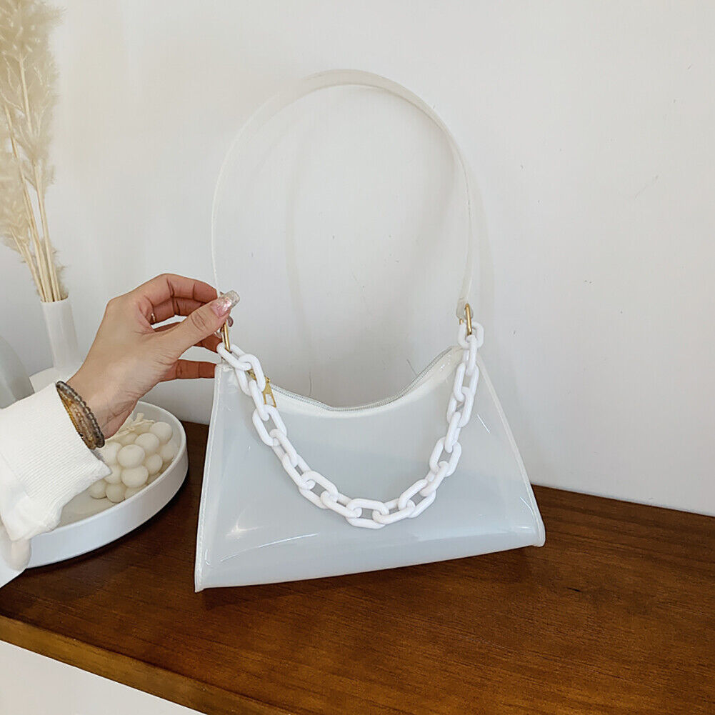 Summer Candy Color Portable Shoulder Bag PVC Chain Underarm Bag (White)
