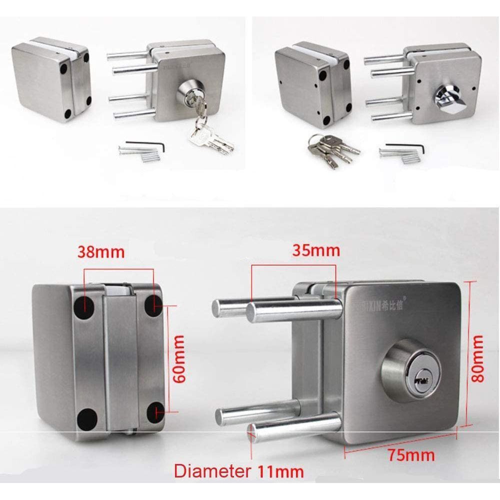 Security Home 10-12mm Glass Lock Double Glass Door Lock 4 Bolts Both Sides Open