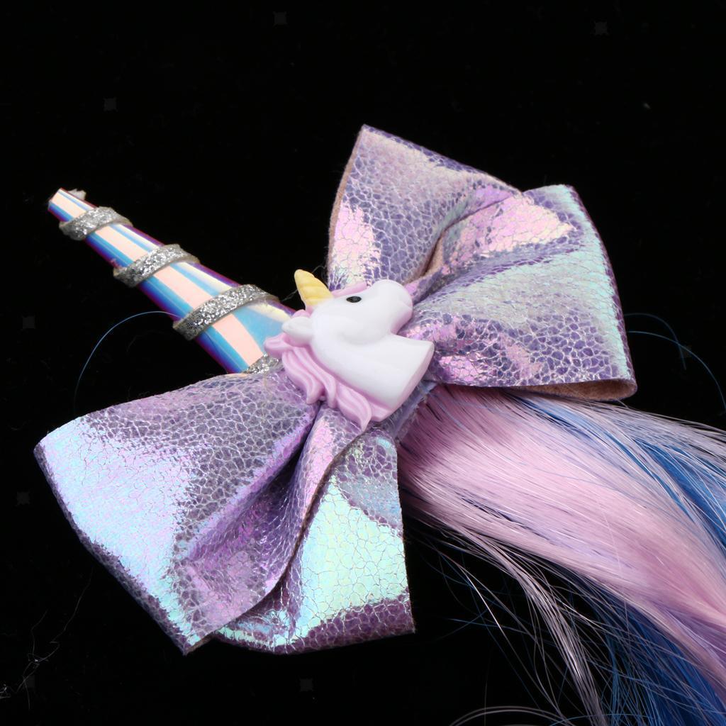 2Pcs Girls Cute Rainbow Unicorn Horn Hair Bow Hair Clip Clip on Extensions Wig