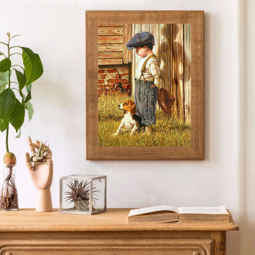 Little Boy and Dog Picture Rhinestone Full Round 5D DIY Diamond Painting