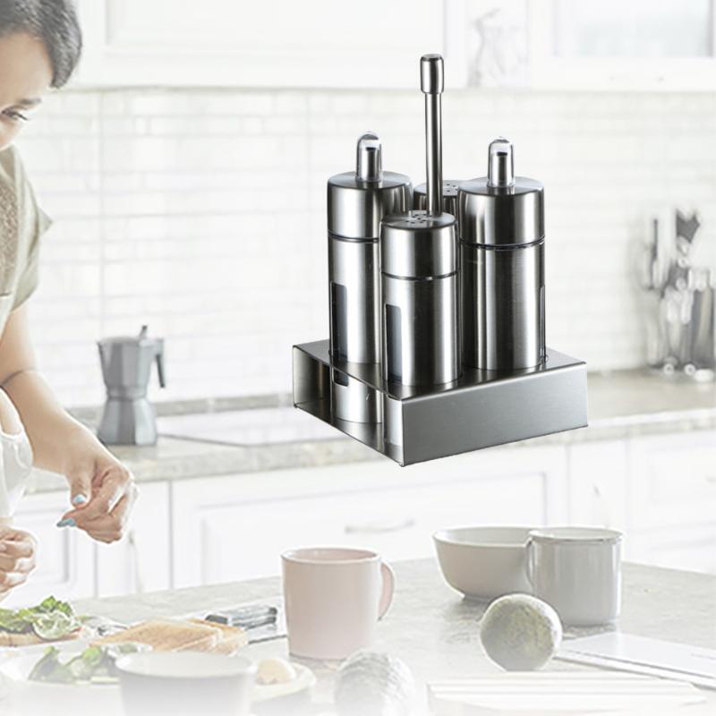 4 Pcs Stainless Steel Spice Jars Set with Storage Rack Cruet Condiment Salt Tool