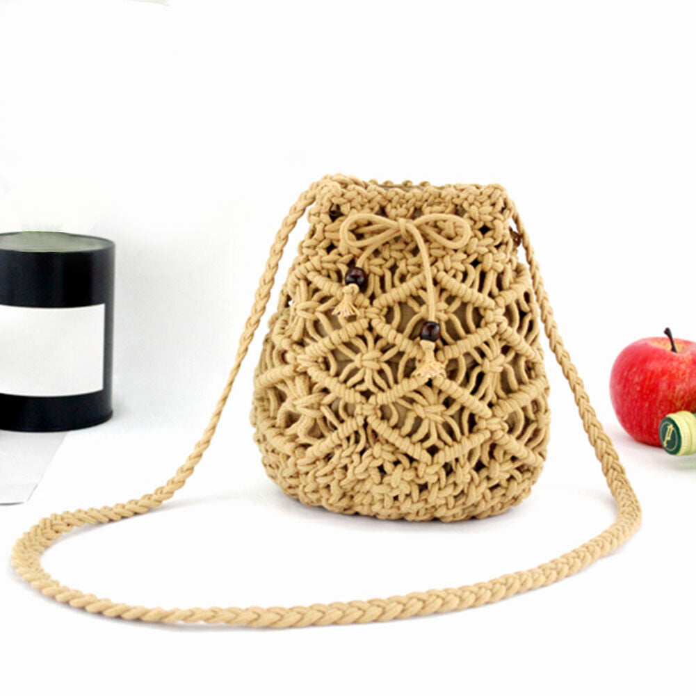 Women Fashion Summer Beach Weave Shoulder Crossbody Messenger Bucket Bag