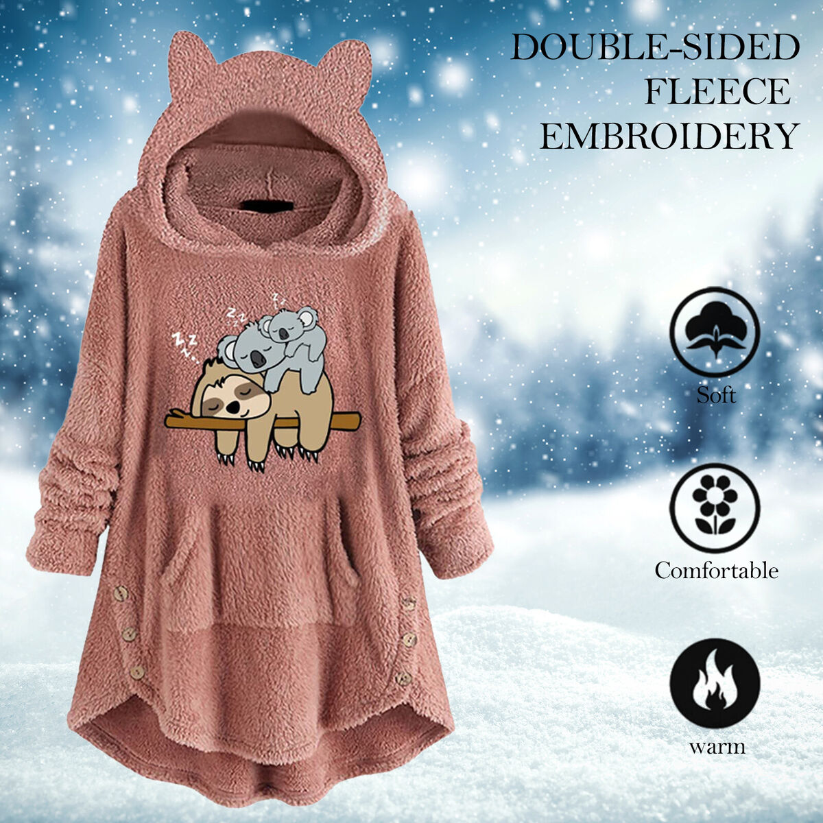 Sherpa Hood Wearable Blanket Plush Fleece Blanket Sweatshirt (Sloth Pink M)