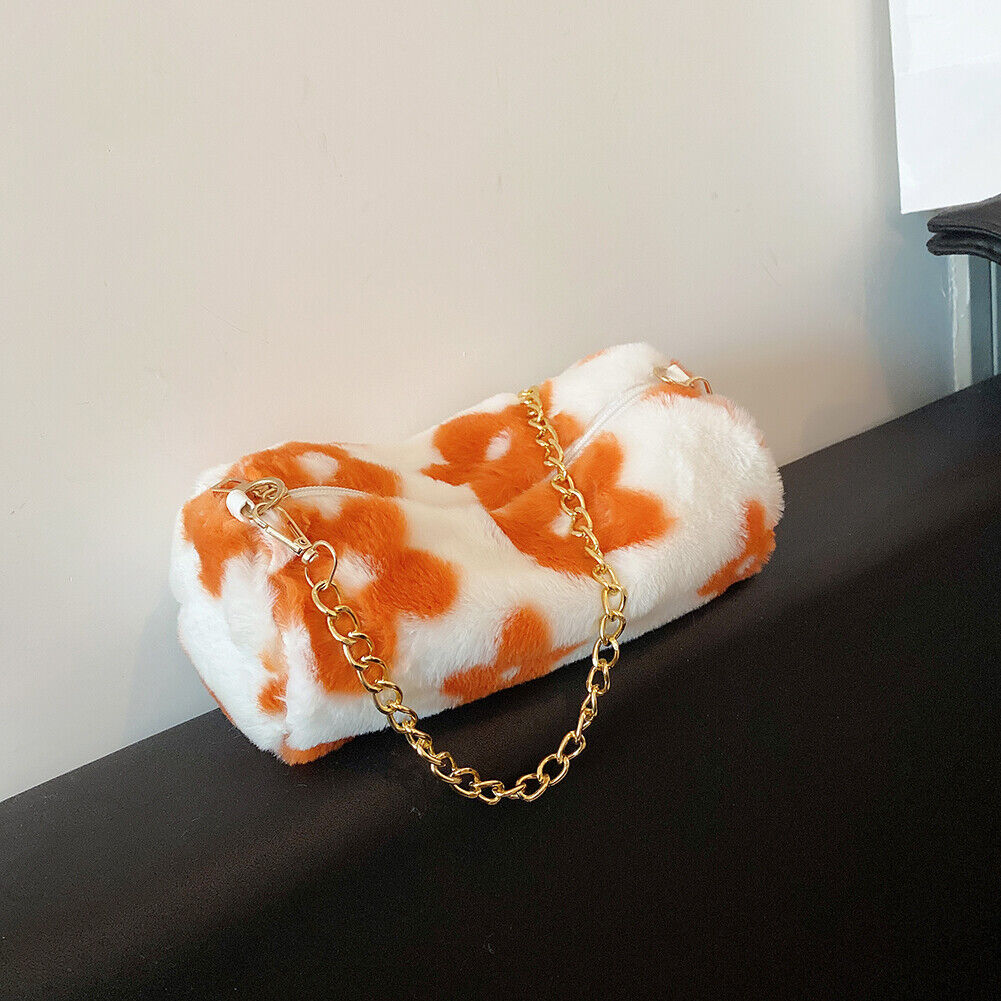 Cute Flower Cylinder Shoulder Bag Women Winter Chain Plush Purse (Orange)