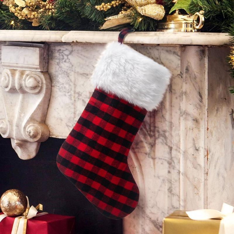 Christmas Stocking  Red Black Plaid Hanging Ornament Cute Gift Decoration