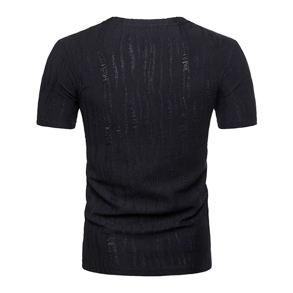 Solid Color Men V Neck Short Sleeve T-Shirts Ripped Tops(Black)(XXL)