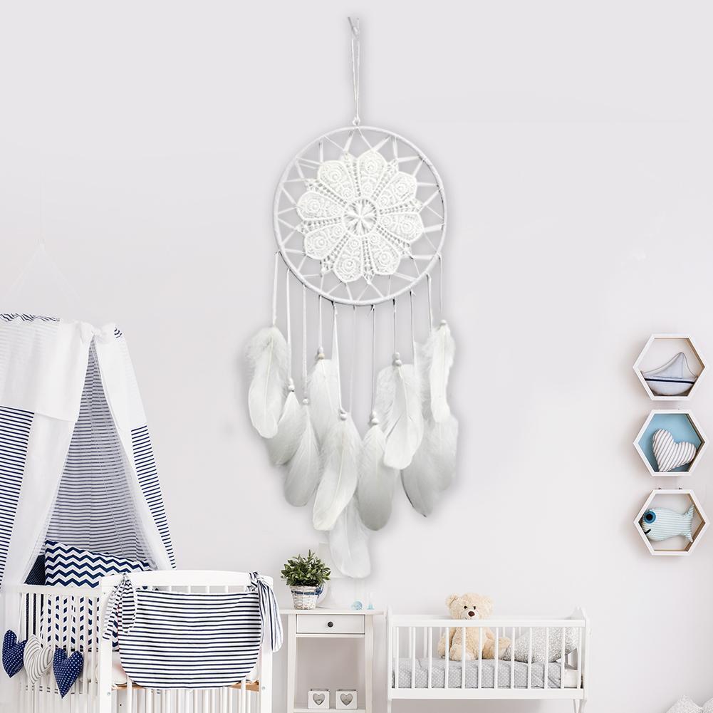 Handmade Feathers Beads Crochet Dream Catcher Wall Art Hang Decor (White)