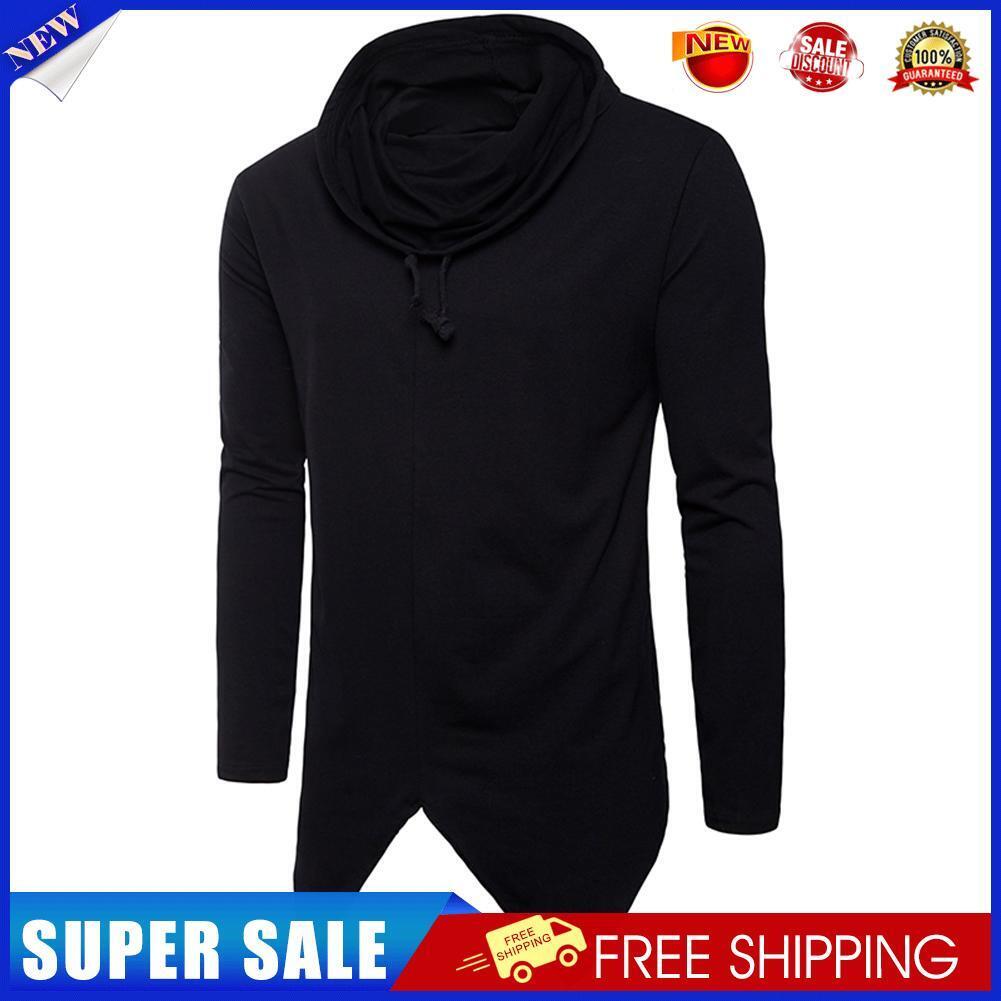 Hip Hop Men Irregular Hem Long Sleeve Hooded T-Shirt Streetwear(Black)(XXL)