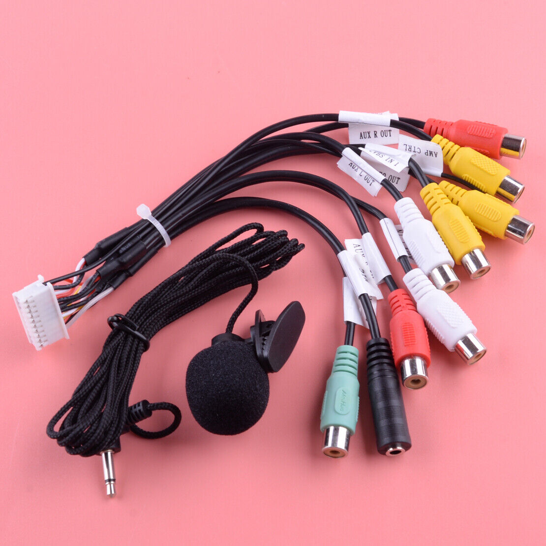 20Pin Car Stereo Radio RCA Output Aux-in Adapter Cable + Microphone Universal