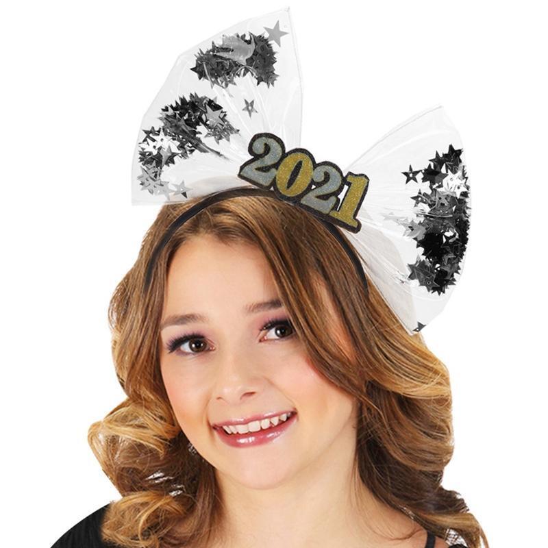 Glitter 2021 Number Headband Big Bowknot Star Sequins New Year Party Hair Hoop